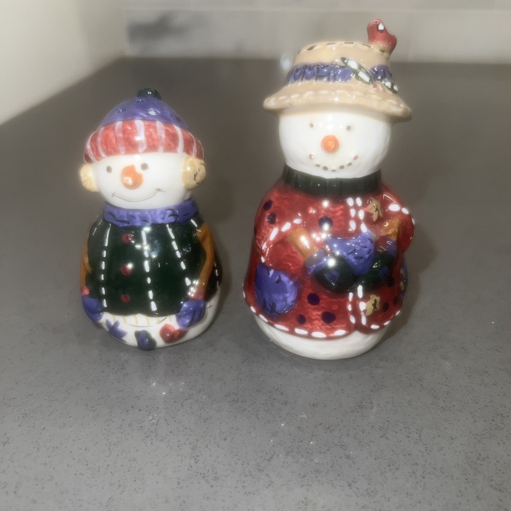 Vintage St Nicholas Snowman Salt & Pepper Shaker Set Ceramic Christmas Decor